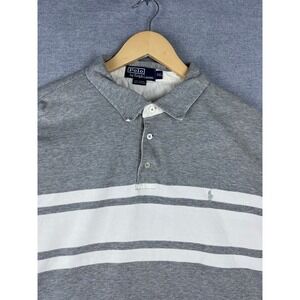 Polo Ralph Lauren Mens XXL Grey White Striped Long Sleeve Polo Shirt‎ Cotton